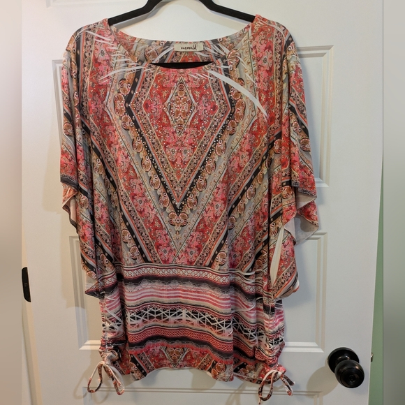 ONE WORLD Tops - One World Coral Cream and Coral Paisley Drawstring Tunic Top